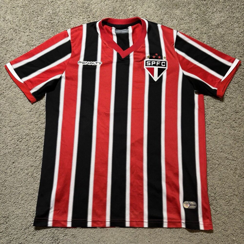 Penalty São Paulo FC Soccer Jersey Red Black Striped Mens Large 2014 Away Kit
